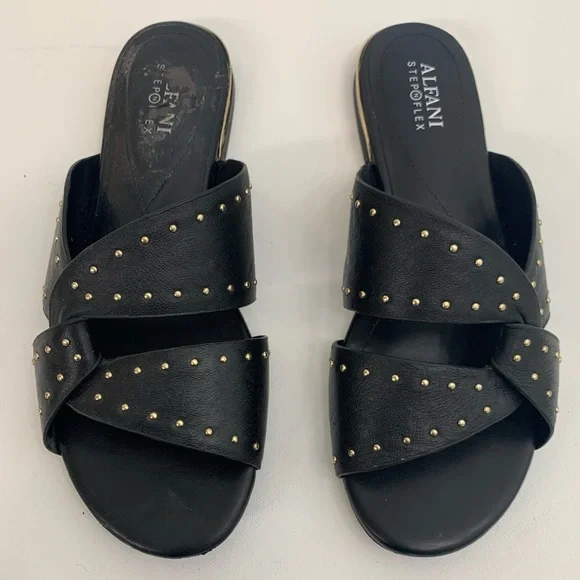 Alfani Black Leather Gold Stud Sandals 9 - Picture 1 of 8